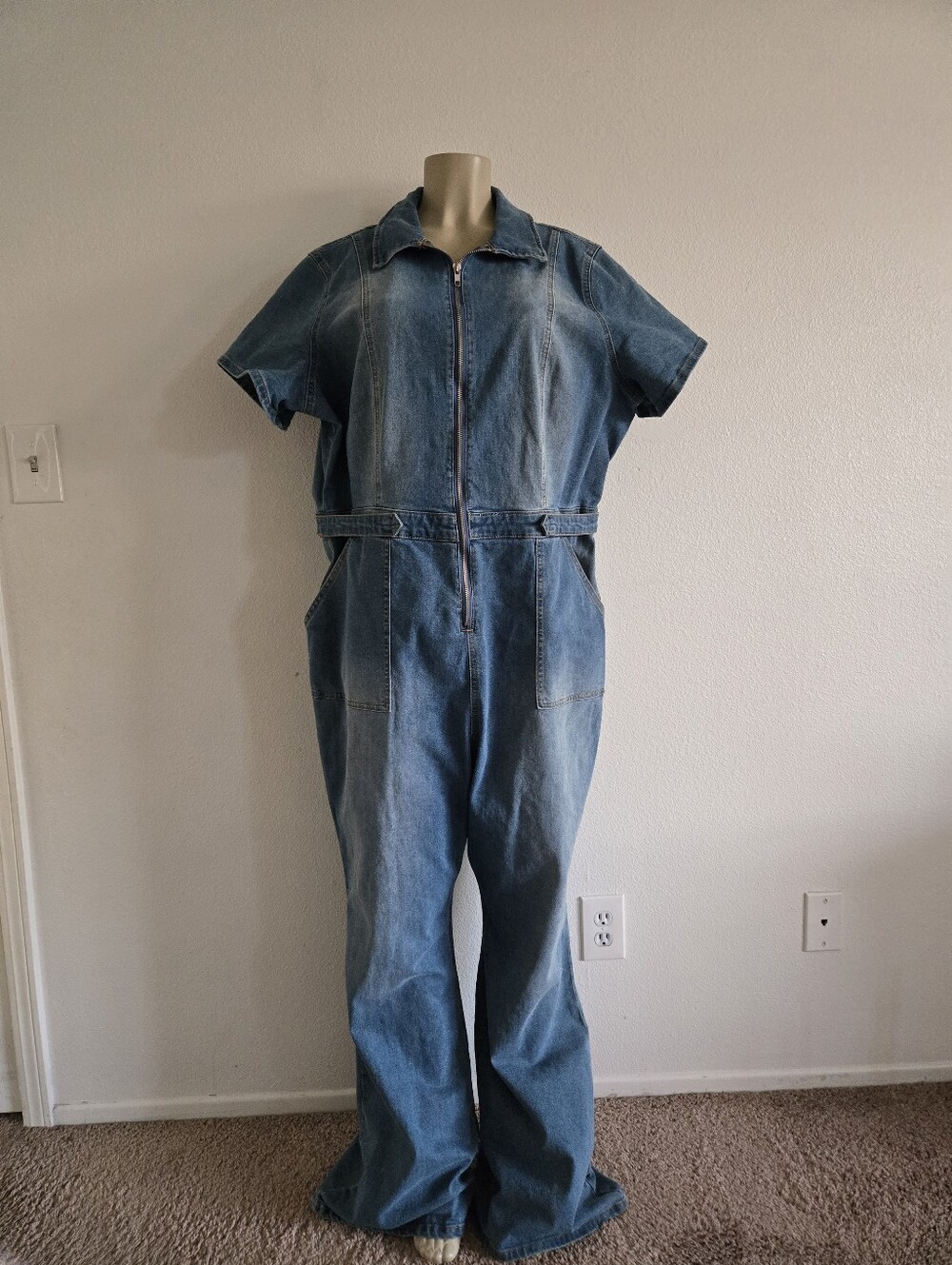 Forever 21 Blue Denim Short-Sleeve Jumpsuit